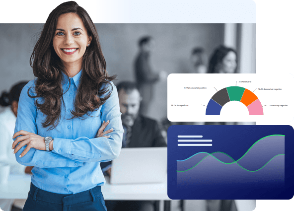 Woman smiling with a reporting chart next to her